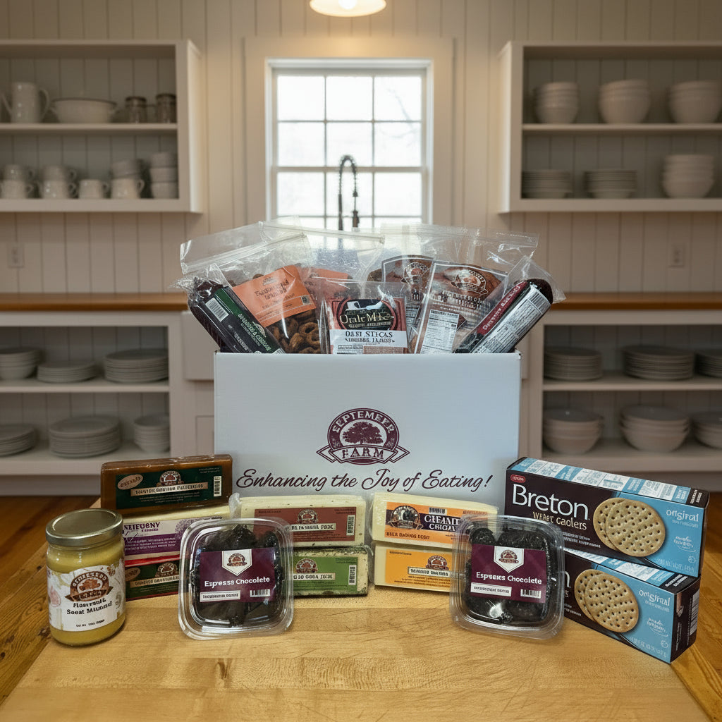 Assorted food items including a box of September Farm products on a wooden table.