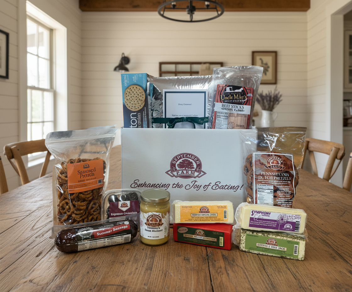 Assorted food items including cheese, jerky, and pretzels displayed in front of aSeptember Farm branded box.