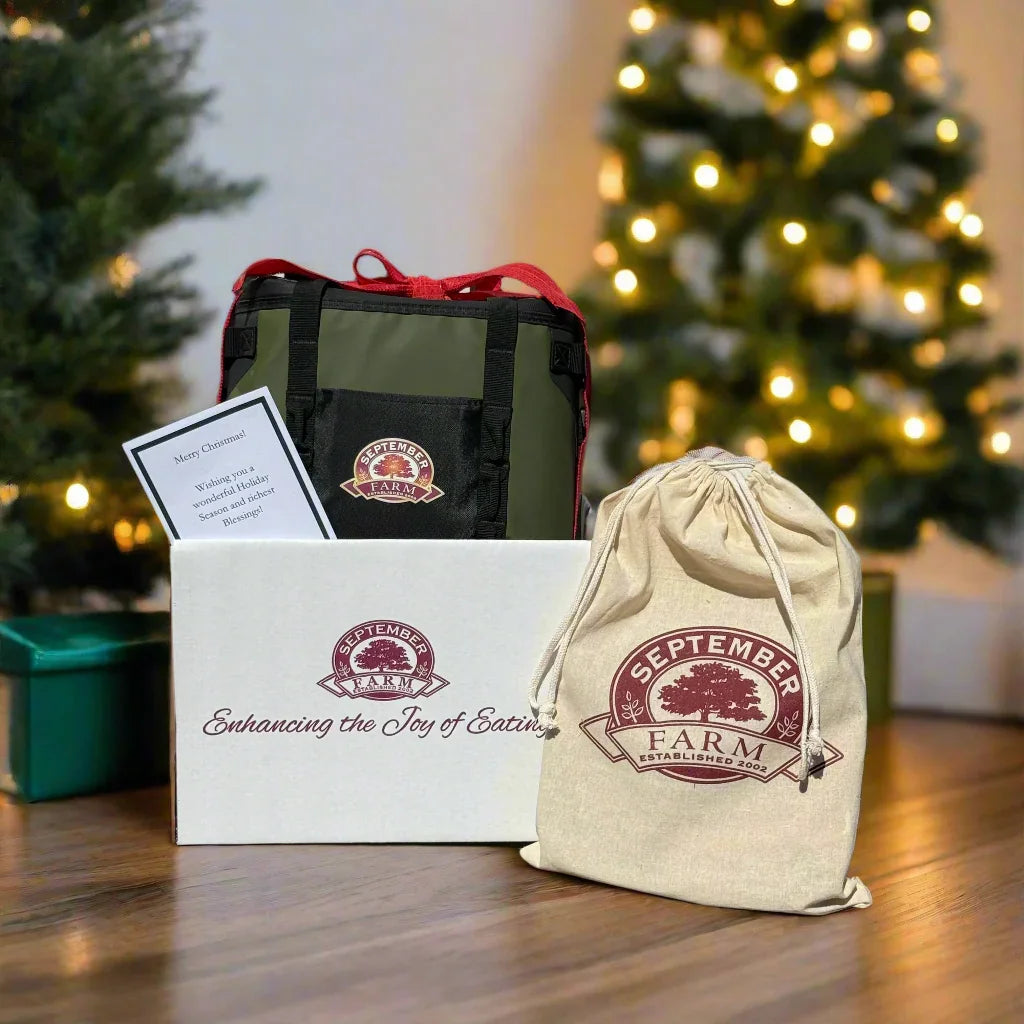 September Farm branded items including a bag, box, and card.