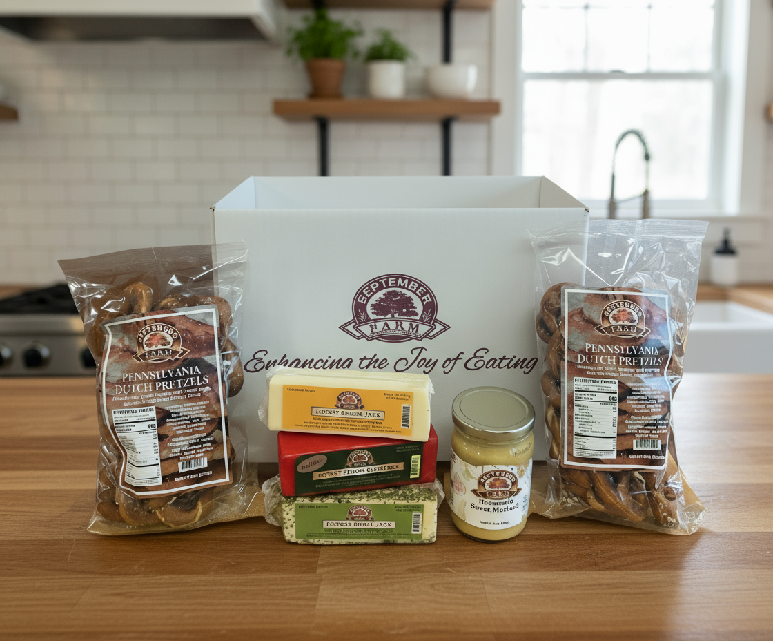 Assorted food items including bread, cheese, and spreads in a box with 'September Farm' branding.